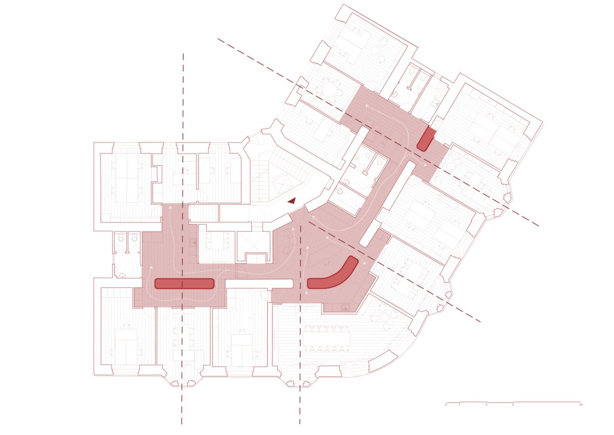 Půdorys (Zrekonstruované kanceláře v Paláci Akropolis; Marco Maio Architects)