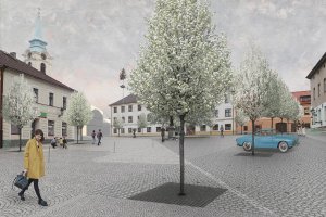 Vizualizace - Náměstí J. A. Alise v Příbrami – Březových Horách, krajinné řešení Alice Boušková - soutěž 2022 - 2. místo