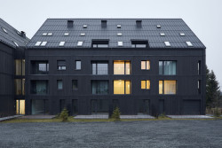 Návrh řeší i vývody odvětrání kanalizace, radonu či vzduchotechniky. Desítky střešních hlavic jsou v podkrovní části svedeny do 6 komínů a nenarušují tak vzhled střechy. (Bytový dům Krušec, monom)