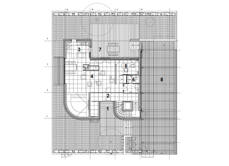 Mstská vila Procházkova, AP ateliér, půdorys 1 NP, 1 závětří, 2 zádveří, 3 kuchyň, 4 obytný prostor, 5 pracovna, 6 toaleta, 7 terasa, 8 garáž