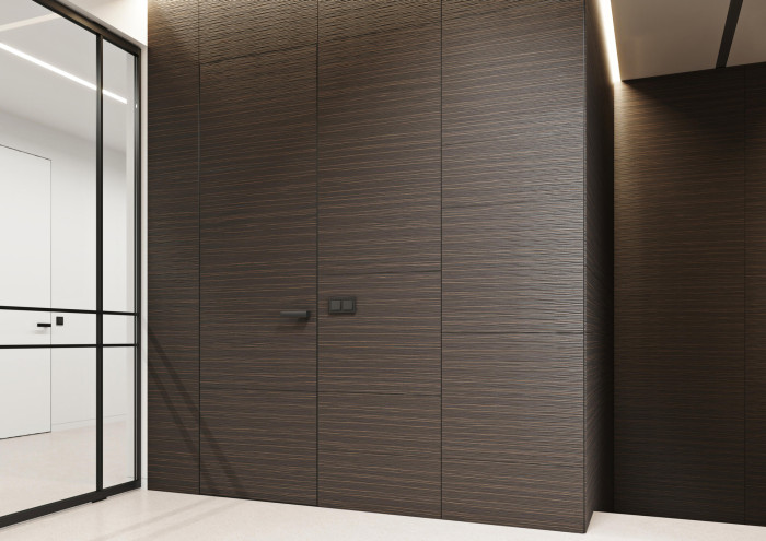 Otočné dveře MASTER opláštěné dýhou Latho ve skryté zárubni EFEKTA