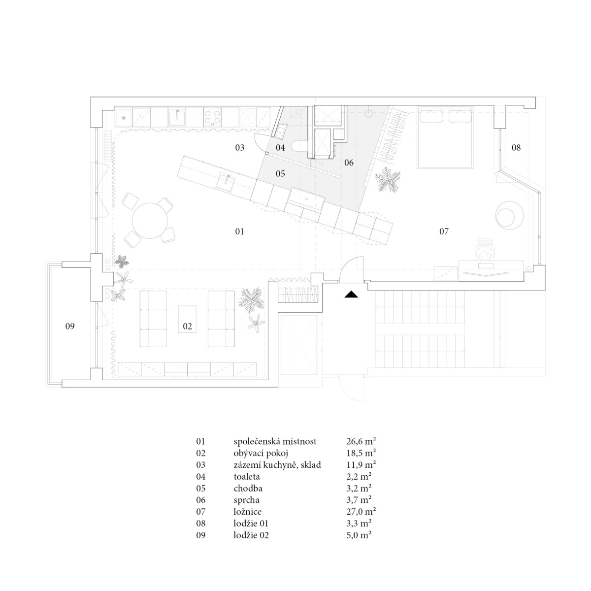 Půdorys - návrh (Byt bez příček; RDTH architekti)