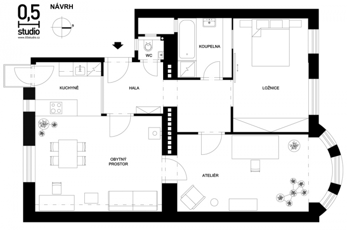 0,5 Studio, Byt Holešovice II, půdorys nový - foto
