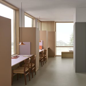 Nábytkové linoleum Forbo Flooring Systems v odstínech 4003 walnut, 4010 lilac a 4175 pebble