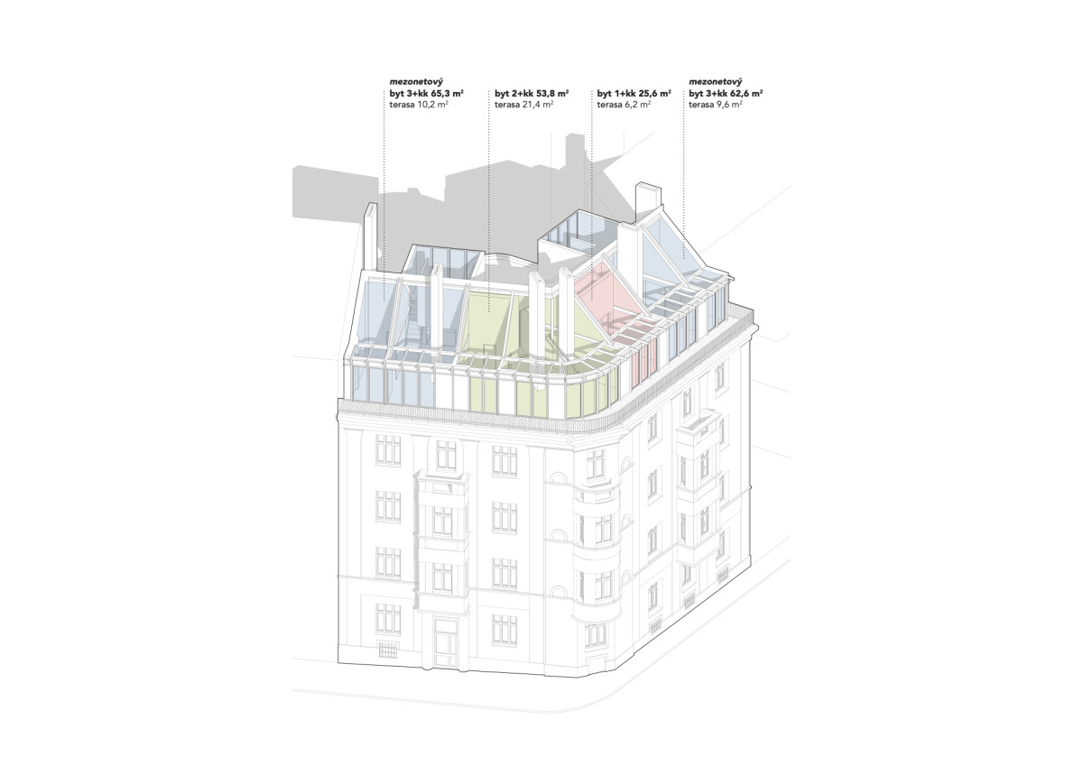 Bilace bytu v nástavbě (Nástavba Harfa; matěj šebek architekti)
