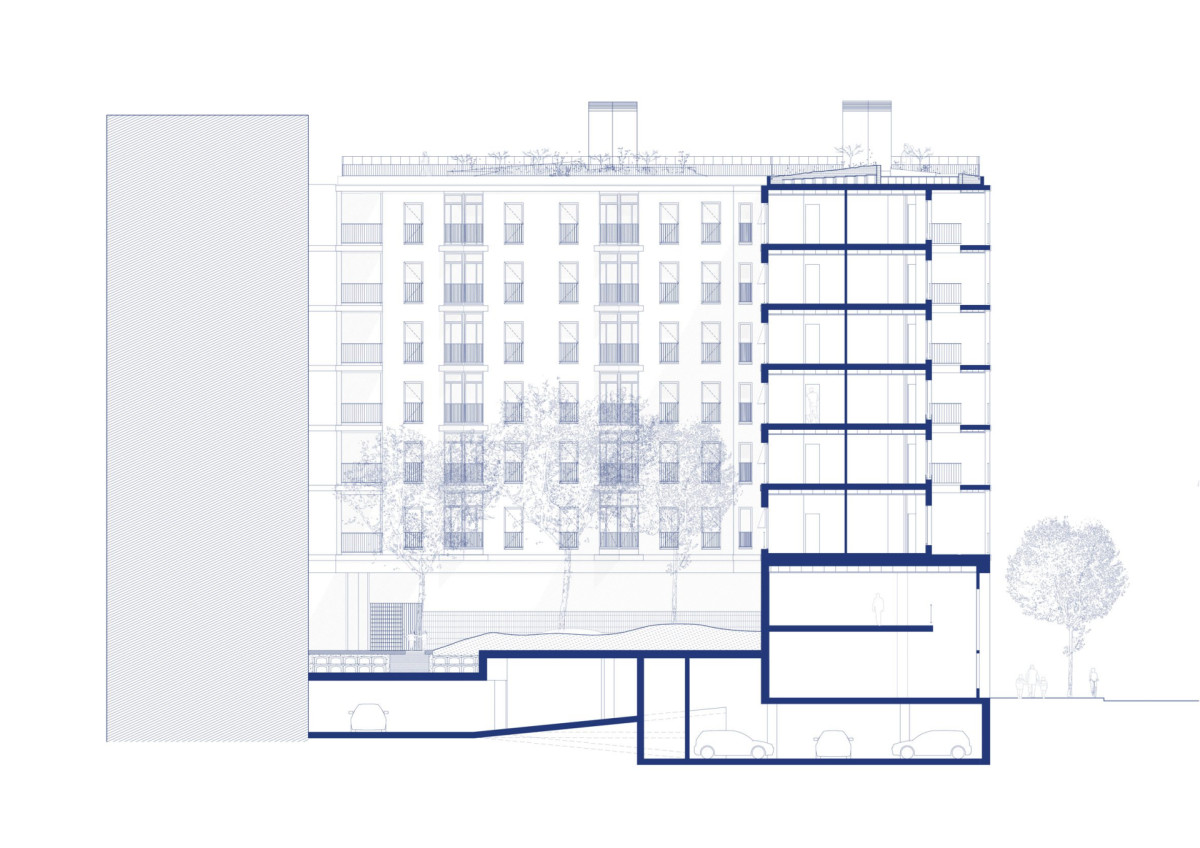 Řez (Bytový dům La Comunidad Habitacional v Barceloně; Cierto Estudio)
