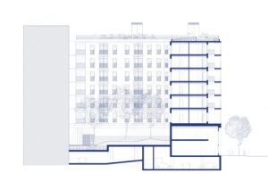 Řez (Bytový dům La Comunidad Habitacional v Barceloně; Cierto Estudio)