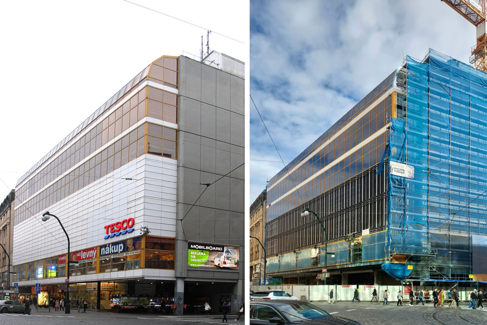 OD Máj v průběhu rekonstrukce a před rekonstrukcí - výřez z fotografií