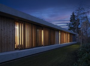 Poloprůsvitný plášť ze skla a lamel. (Villa Lamella, A69 architekti)