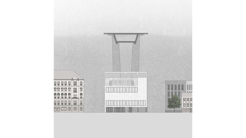 Komunitní sportovní centrum pod Nuselským mostem, jižní pohled, Kristýna Vyslychová
