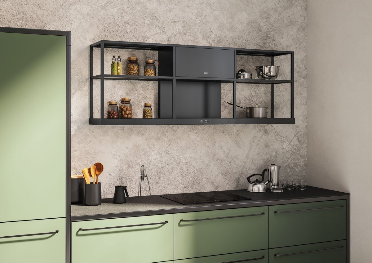 Maris Modular - odsavač par určený pro montáž na stěnu, matný černý povrch, centrální modul doplněn o dva přídavné regálové moduly