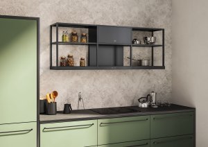Maris Modular - odsavač par určený pro montáž na stěnu, matný černý povrch, centrální modul doplněn o dva přídavné regálové moduly
