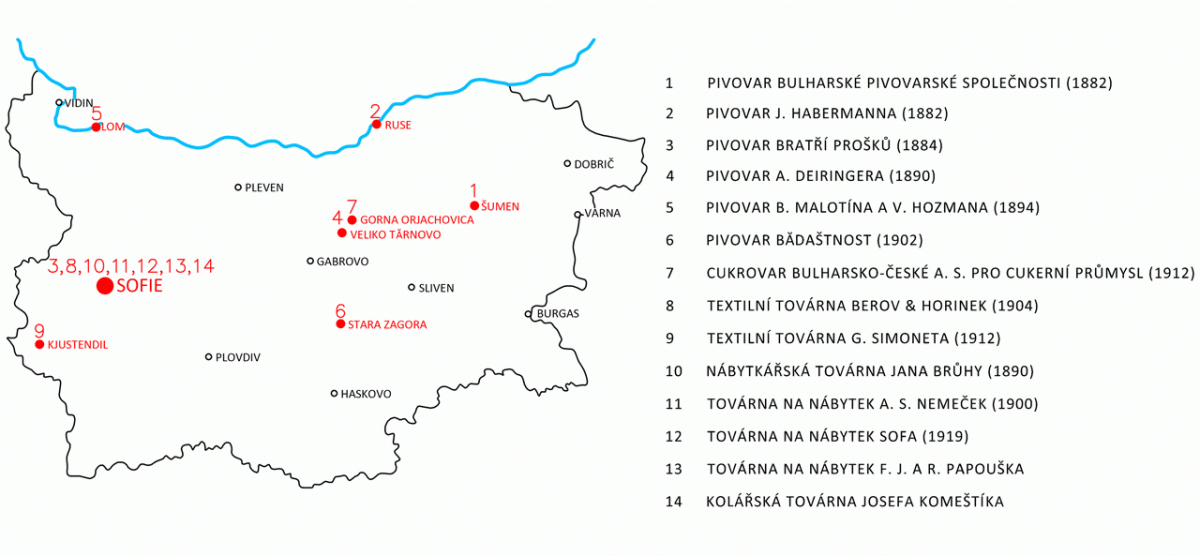 Obr. 2: Mapa známých „českých“ průmyslových objektů v Bulharsku (výběr).