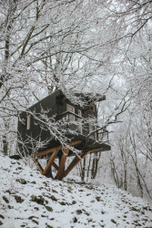Nerezové kotvy vynášejí celý Dubodom. Je do nich ukotvená dřevěná konstrukce, zpevněná ještě ocelovými táhly. (Dubodom od Pavola Šišky ve Svätém Juru)