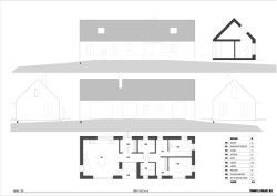 Půdorys, pohledy, řez (Rodinný dům v Mníšku pod Brdy, 3+1 architekt)
