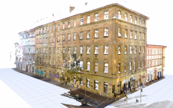 Mračno bodů jako podklad pro zaměření stávajícího stavu budovy. Pohled na nároží fasády činžovního domu.