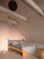 Pohled do ložnice (Chata Kohútka od SENAA architekti)