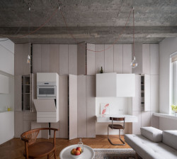 Stěna s úložnými prostory z bíle olejovaného dřeva  (Rekonstrukce funkcionalistického bytu v Praze, architekt Martin Čeněk)