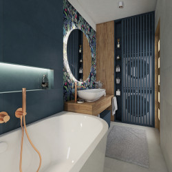 Pračku se sušičkou je možné elegantně schovat a přitom zachovat jejich odvětrávání. Dřevěná dvířka vlevo navíc ukrývají kotel.