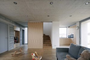 Hlavní obytný prostor je navržen jako hlavní těžiště domu. (Rodinný dům v Radotíně, Papundekl architekti)