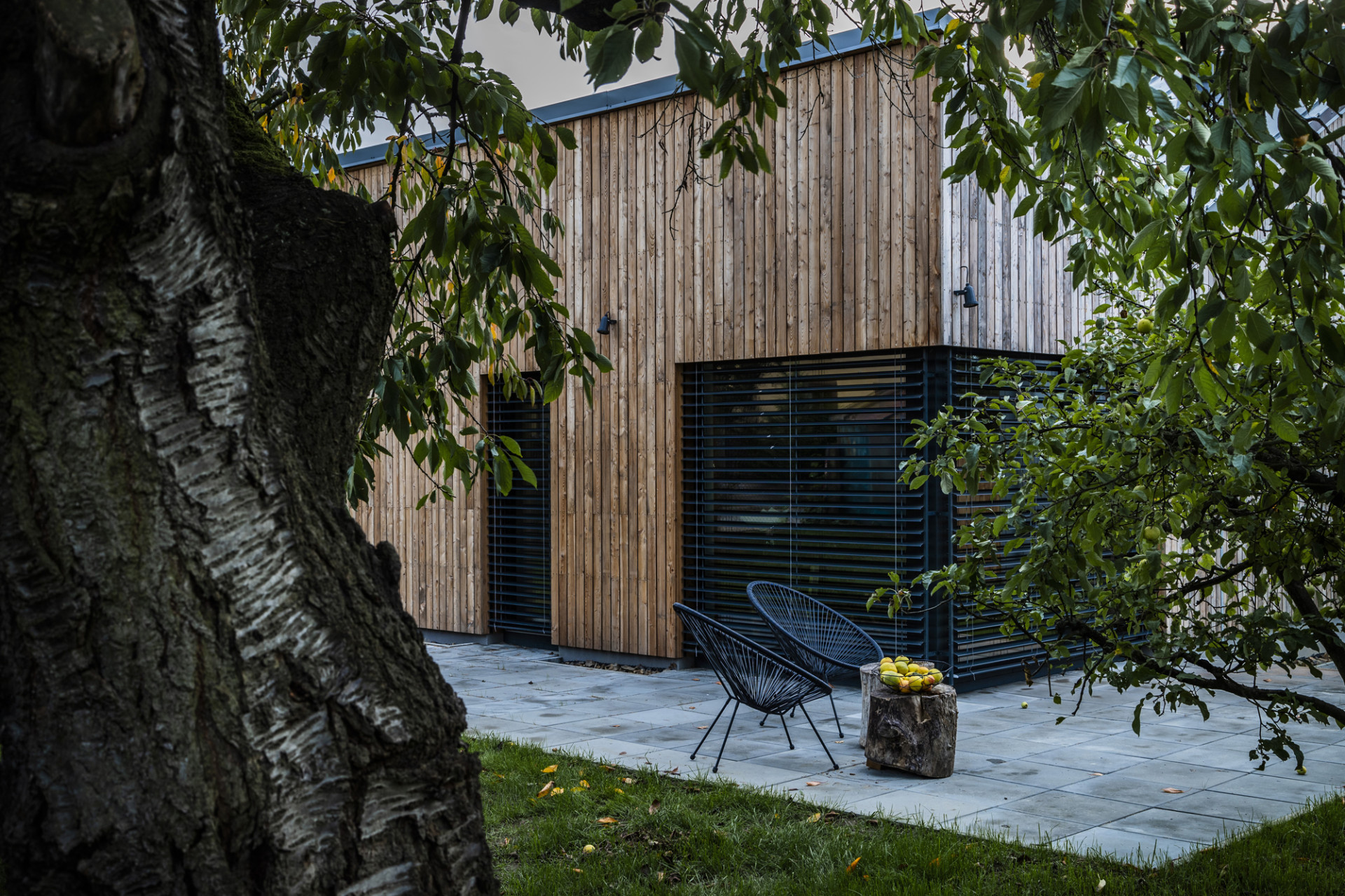 Rodinný dům v Písnici, daviddavidová architekti: Přístavba je opláštěná dřevěným, vertikálně kladeným obkladem z nehoblovaných a neošetřených modřínových prken