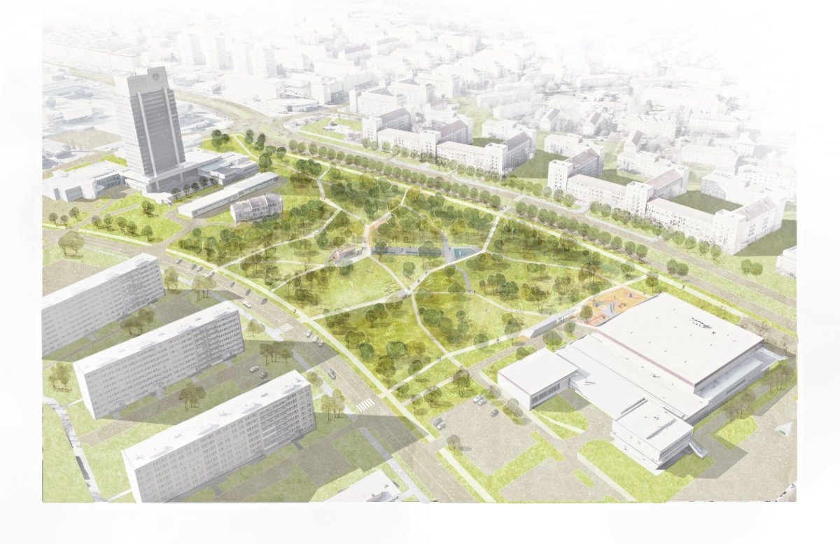 Obnova parku Střed v Mostě, vítězný návrh od architektů Tilla Rehwaldta a Patrika Hoffmana.