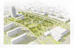 Obnova parku Střed v Mostě, vítězný návrh od architektů Tilla Rehwaldta a Patrika Hoffmana.