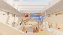 Vizualizace školy na Rohanském ostrově. Stát bude 970 milionů korun - do rozpočtu přispěje hl.m. Praha, Praha 8 a soukromí investoři.