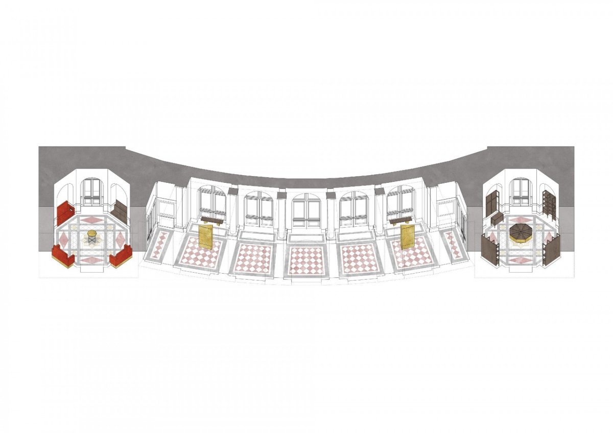 Interiéry předsálí České filharmonie v Rudolfinu, Lenka Míková architekti / Lenka Míková, axonometrie