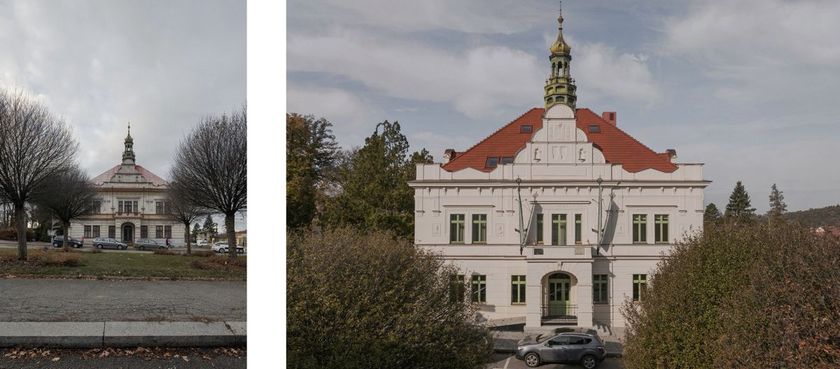 Hlavní vstup Villy Fitz - před a po rekonstrukci 