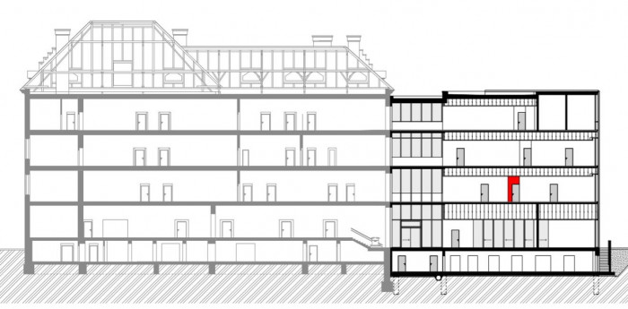 Dostavba budovy Slovanského gymnázia Olomouc, řez objektem, Miroslav Pospíšil