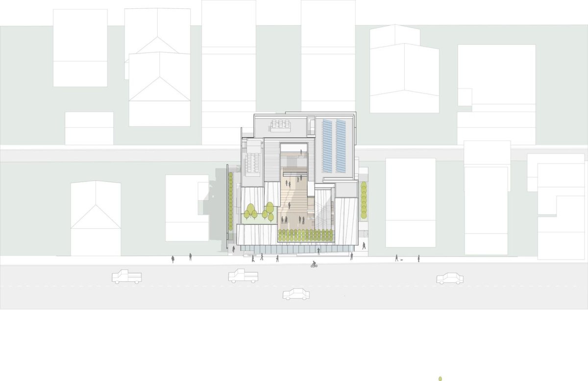 Kontextuální axonometrie: Srdcem komplexu je vyvýšený dvůr, který nabízí klidný společný prostor. (Rose Apartments v Los Angeles, Brooks & Scarpa)