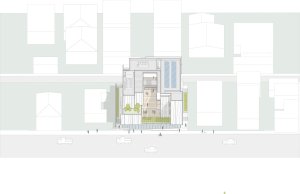Kontextuální axonometrie: Srdcem komplexu je vyvýšený dvůr, který nabízí klidný společný prostor. (Rose Apartments v Los Angeles, Brooks & Scarpa)
