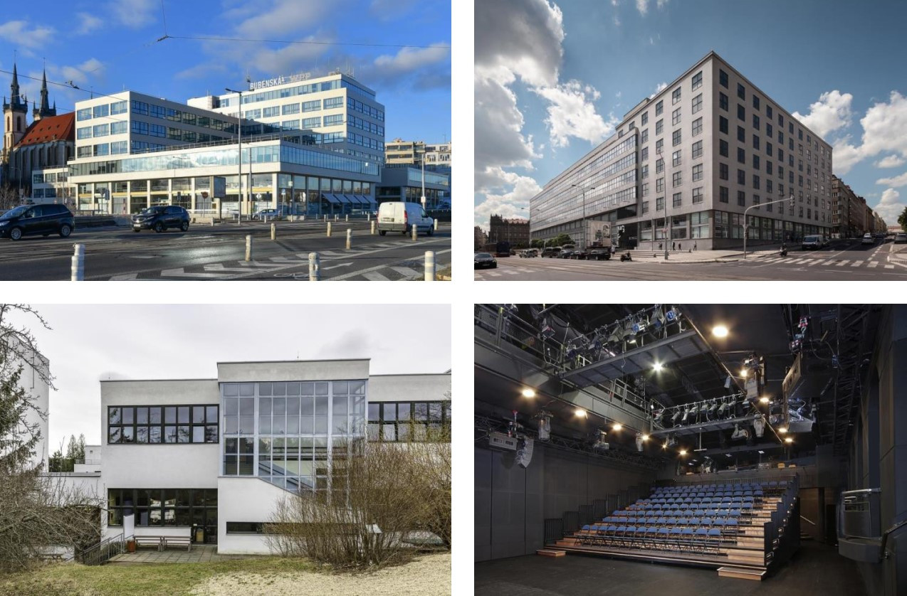 Palác Elektrických podniků, Veletržní Palác, Francouzské školy, Divadlo DISK - koláž