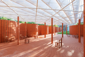 Autoři použili výrazně anglický vzor: inspirovali se zdí typu crinkle-crankle. (Serpentine Pavilion 2026; LANZA atelier)