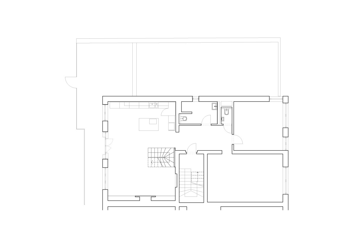 Půdorys 2. NP – stávající stav (Mezonet na Břevnově; esté architekti)