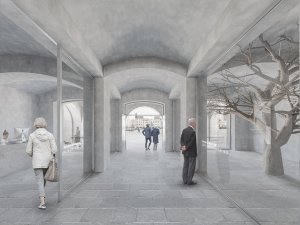 Vítězný návrh Centra současného umění a architektury v Českých Budějovicích od studií AFF Architekten + Malý Chmel. Vizualizace: Ondřej Žvak, Malý Chmel