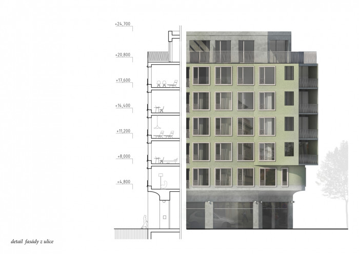 Bytový dům v Karlíně, detail fasády, Barbora Červeňová