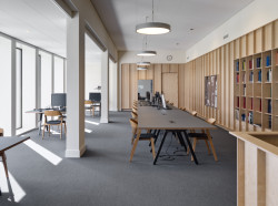 Městský Archiv Delft, Office Winhov, Gottlieb Paludan Architects: Interiéry spodního patra je laděný světlých odstínů s použitím dřeva