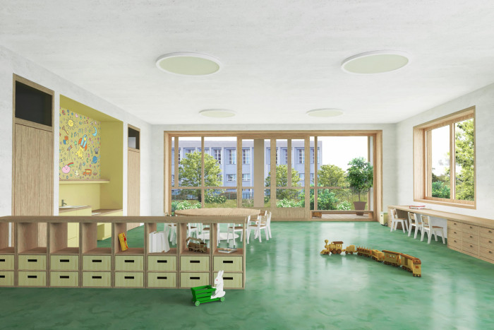 Školka Červený vrch v Praze od studia re:architekti, 1. místo ve veřejné architektonické soutěži. Vizualizace třídy.