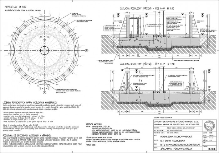 Architektonické studio Hysek, Rozhledna Vysoká, Tachov - základna rozhledny - půdorys, řezy