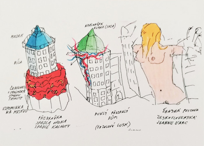 Skicy Vlada Miluniće k návrhu Tančícího domu v Praze