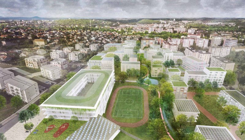 Vizualizace - "Nové Dolíky”, udržitelná čtvrť ve Slaném, společně s bauchplan ).( (Německo) - soutěž 2023-24 - 1. místo