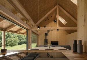 Pokoj je převýšený do krovu. (Víkendový dům v Českém ráji, NEW HOW Architekti)