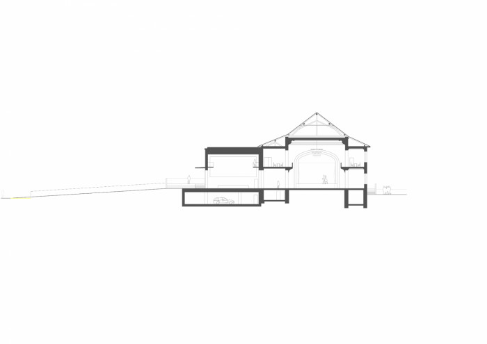 Revitalizace areálu Sokolovny v Rokycanech, Rusina Frei architekti / Martin Rusina, Martin Frei, Gabriela Sládečková, řez
