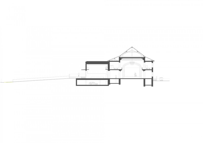 Revitalizace areálu Sokolovny v Rokycanech, Rusina Frei architekti / Martin Rusina, Martin Frei, Gabriela Sládečková, řez