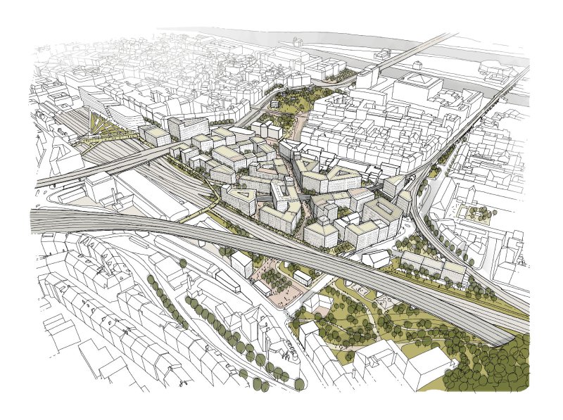 Etapa Západ, axonometrie-nadhled vítězné regulace nové čtvrti z urbanistické soutěže z roku 2021, autor: UNIT architekti, A69 – architekti a Marko&Placemakers, 2021