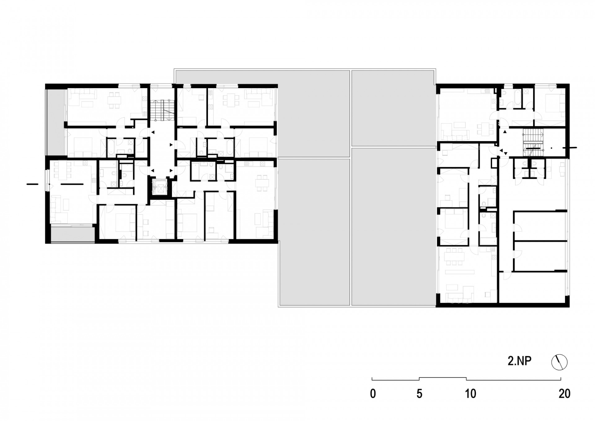 Bytový dům Klánovické Atrium, VYŠEHRAD atelier / Pavel Marek, Zdeněk Rychtařík, Martin Šafránek, Jiří Smolík, Vojtěch Lstibůrek, půdorys 2NP
