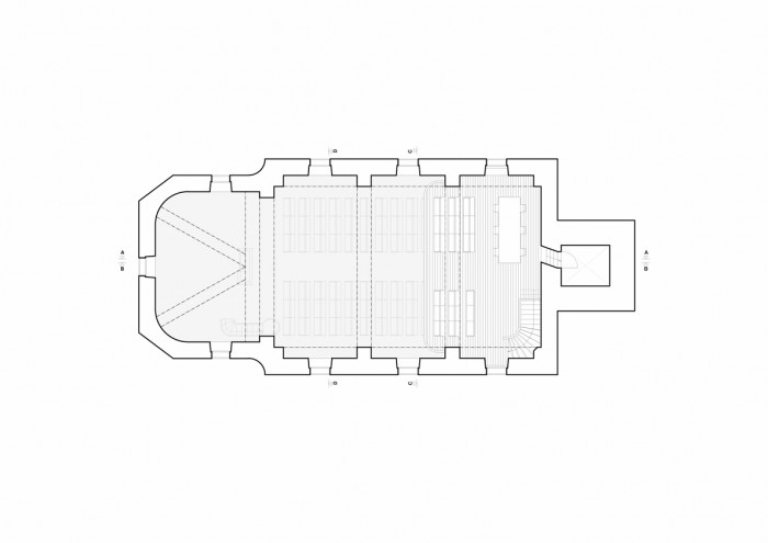 Rekonstrukce evangelického kostela v Hodslavicích, půdorys galerie, studio OBJEKTOR