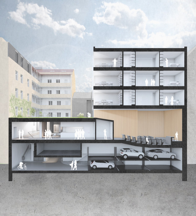 Dostavba a úpravy budovy ČKAIT, řezoperspektiva sál, FAM ARCHITEKTI